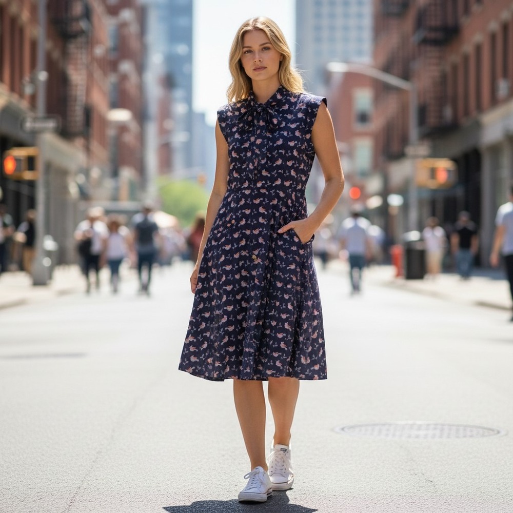 Mata Traders Bird Print Tie Neck Dress Womens Size M Navy Blue Twee Retro Boho